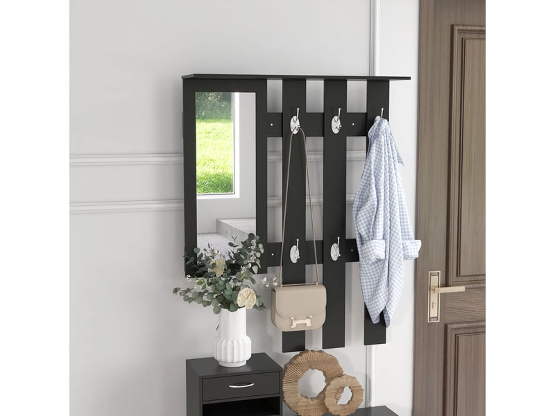  Ensembles 3 en 1 de meuble d'entrée vestiaire avec porte-manteau panneau, miroir et banc à chaussures noir  - Conforama W