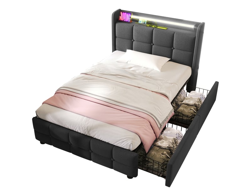  Lit avec tiroirs, lit simple en lin gris avec 2 tiroirs, 2 prises, 2 ports usb et led, 90x200 cm, sans matelas  - Conforama A