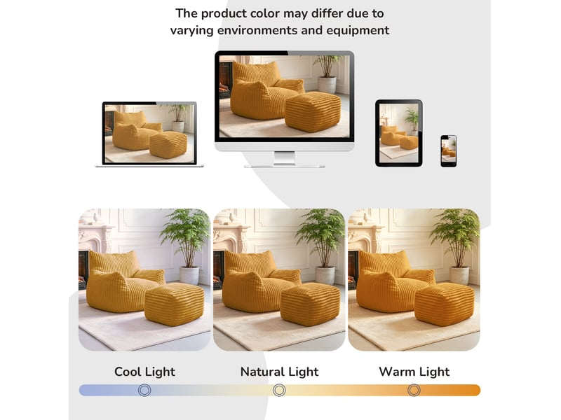  Fauteuil pouf lounge incurvé avec pouf, soutien ergonomique 5 zones en flanelle jaune, 103 × 90 × 70 cm  - Conforama D