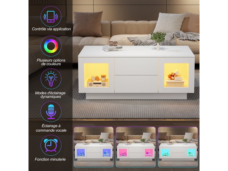  Table basse coloris blanc 100 × 50 × 40 cm, en mdf, avec 2 portes vitrées, 2 tiroirs et éclairage led rgb  - Conforama D