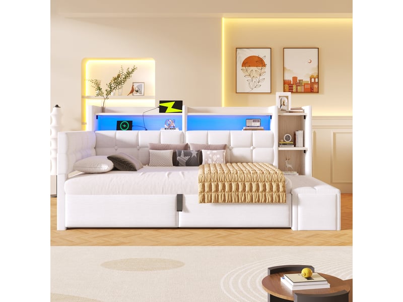  Canapé-lit 90x200 cm, lit enfant, couchage d'appoint, rangement hydraulique, led, usb et usb-c, velours blanc  - Conforama D