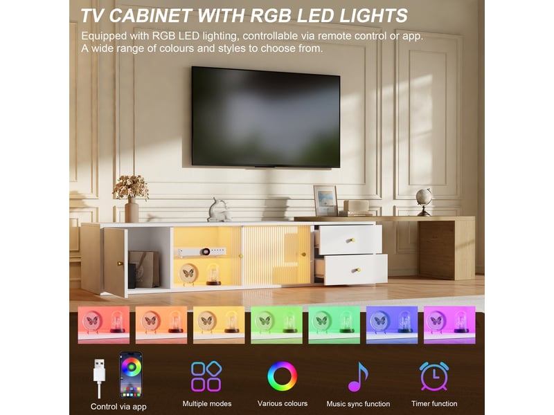  Meuble tv bas avec éclairage led extensible 2 tiroirs et 2 portes coulissantes en verre et 1 compartiment rangement latéral blanc et bois  - Conforama E