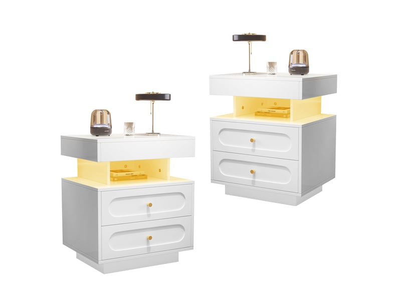  Table de chevet avec éclairage led, 2 tiroirs et espace de rangement ouvert, blanc, 100×40×60 cm  - Conforama D