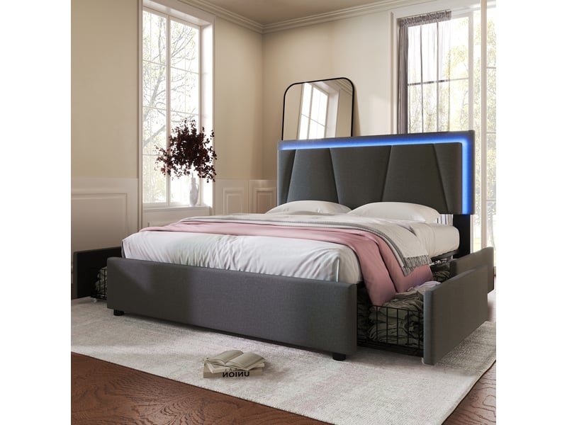  Lit capitonné double 140x200 cm en bois gris, éclairage led, quatre tiroirs, tête ajustable, livré sans matelas  - Conforama D