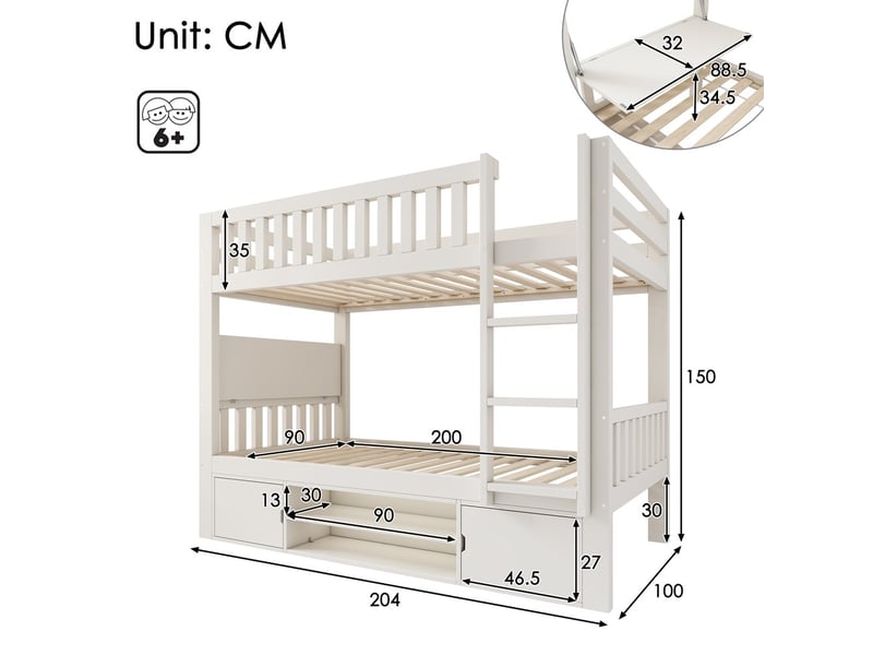  Gutenacht lit mezzanine 90x200 cm blanc avec bureau rabattable, étagères à chaussures et lattes  - Conforama E