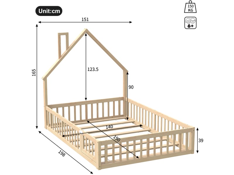  Lit cabane enfant 140x190 cm avec cadre en pin naturel et mdf, forme cheminée, avec sommier à lattes, style minimaliste ORFRN636P281544N - Conforama E