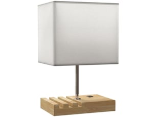 Lampe de chevet avec ports usb, bois et tissu blanc, interrupteur à bascule, étagères de rangement