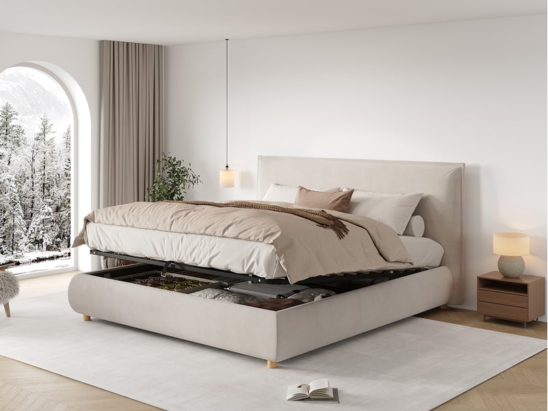 Lit double hydraulique 160x200cm, grand rangement, tête capitonnée et pieds bois massif, sommier lattes, crème velours - Conforama B