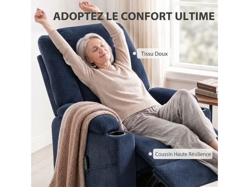  Fauteuil releveur électrique massage vibration et chaleur, fauteuil relax électrique en velours, dossier inclinable bleu  - Conforama R