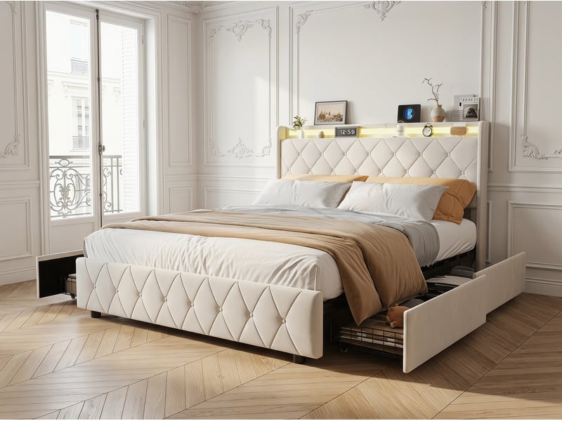  Lit 2 places 140x200 cm - avec éclairage led - tête de lit avec étagère - similicuir pu beige - sommier à lattes inclus  - Conforama D