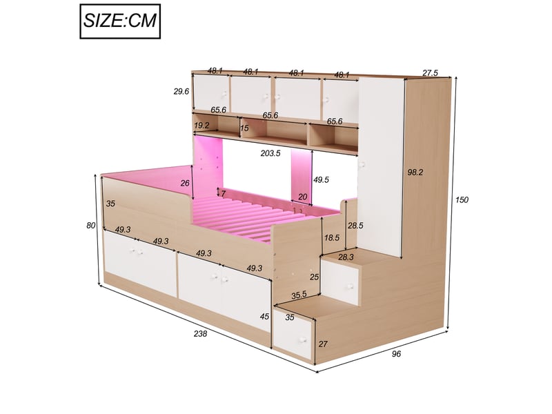  Lit enfant 90x200 cm avec rangement, armoire, led, barrière sécurité, escalier, aggloméré mdf blanc naturel  - Conforama C