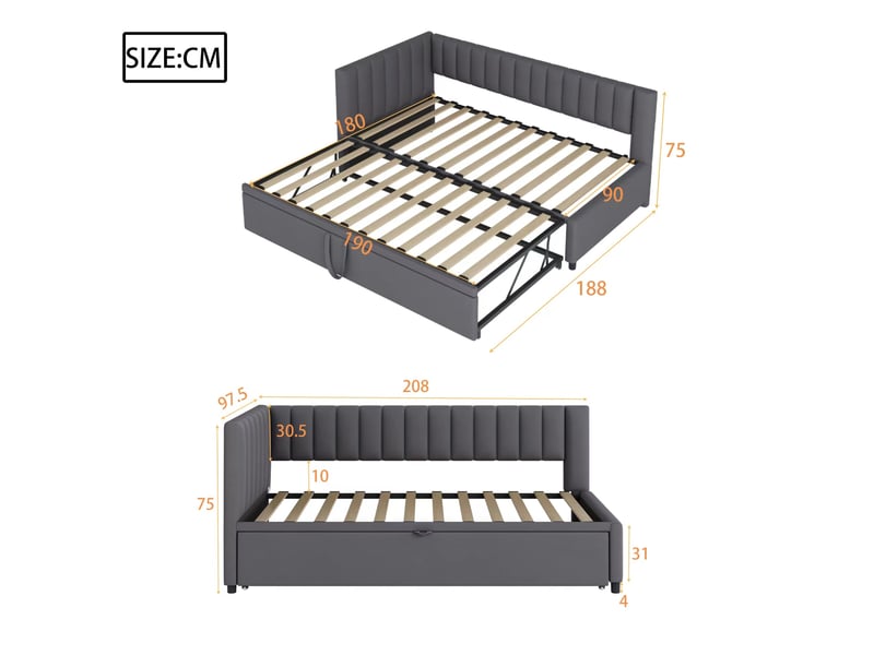  Lit enfant gigogne 90x200cm, gain de place, tête de lit confort, style moderne, velours gris foncé, sans matelas  - Conforama C