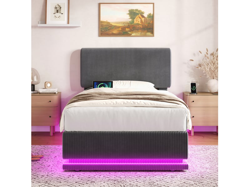 Lit coffre 90x200 cm, led, velours côtelé, finition gris foncé, tête réglable 3 positions, espace de stockage caché - Conforama B