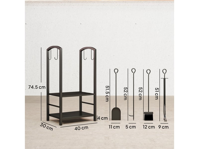  Porte-bûches en métal noir, 2 niveaux surélevés, 4 accessoires, capacité 100 kg  - Conforama E