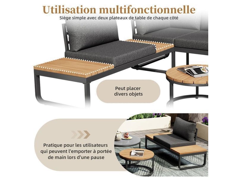  Ensemble de meubles de jardin - 4-5 places assises - 2 tables basses empilables - cadre en fer galvanisé gris - Conforama D
