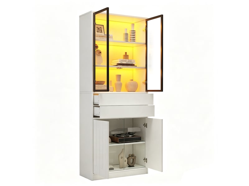  Vitrine led blanche mate 70 x 34 x 180 cm, 4 portes en verre trempé et 2 tiroirs pour exposer vos objets  - Conforama A