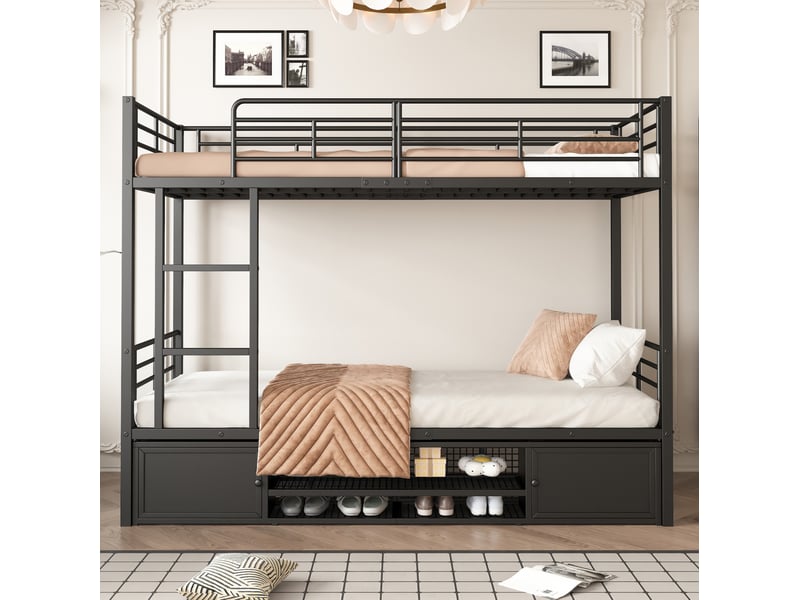  Modenvie lit superposé 90x200 cm - rangement chaussures intégré, barrières de sécurité - sans matelas - noir  - Conforama E