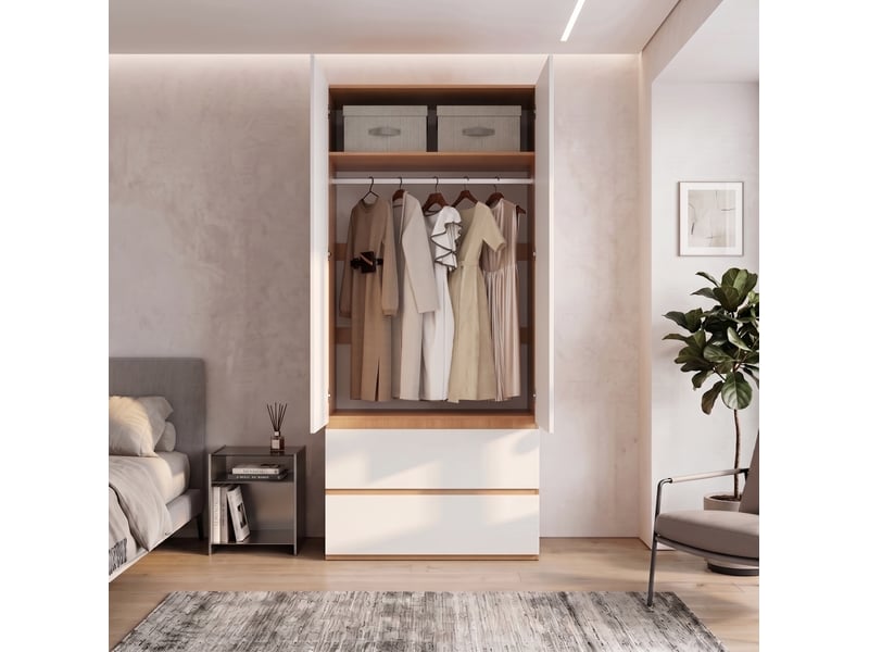  Armoire 90x50x200 cm avec 1 barre de penderie, 2 tiroirs et 2 portes, mdf et panneau de particules, blanc, chambre déco  - Conforama E
