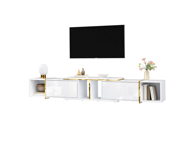  Meuble tv extensible à façades brillantes – design moderne, étagères ouvertes, panneau de particules  - Conforama A