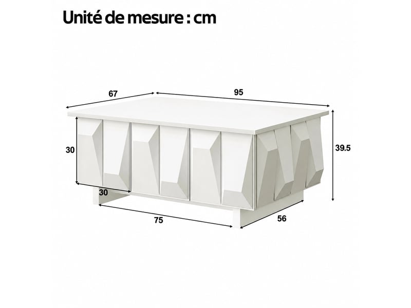  Table basse blanche avec rangement fermé et façades 3d, 95 x 67 x 39,5 cm  - Conforama C