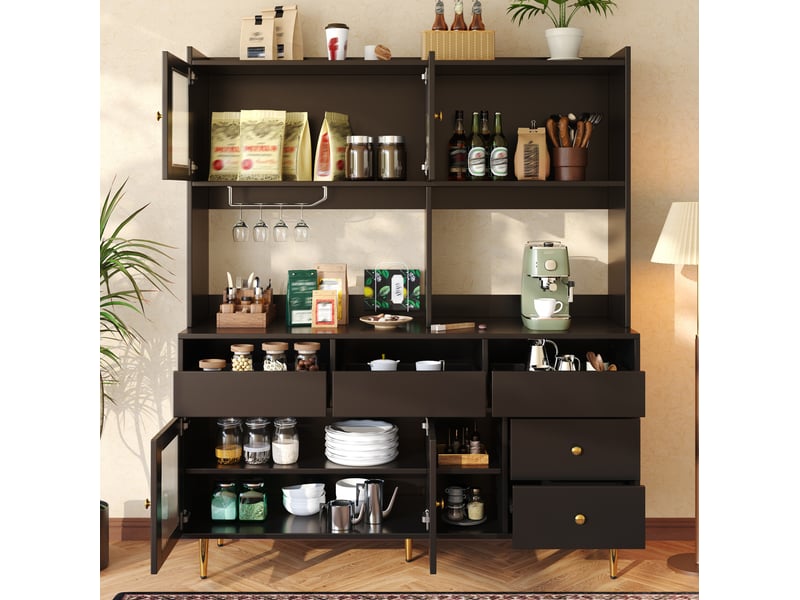  Buffet haut 145x39x171 cm avec portes en verre et rangement pour verres à vin, mdf et métal, noir avec détails dorés  - Conforama B