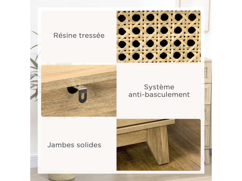  Commode 3 tiroirs meuble de rangement cannage en rotin 80 x 35 x 76 cm aspect bois clair  - Conforama R