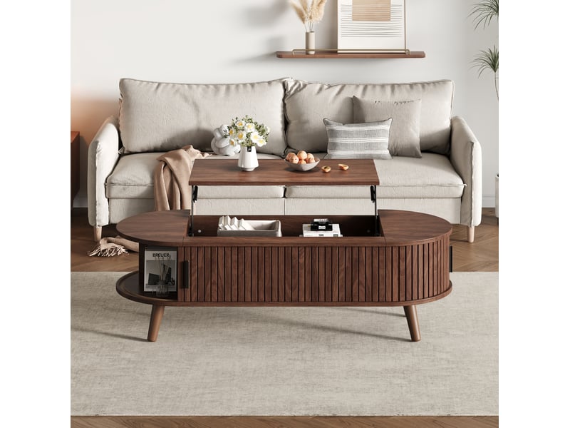 Table basse relevable avec plateau relevable, rangement caché et 4 niches latérales, style noyer, en mdf, noyer - Conforama B