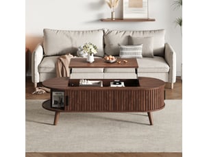 Table basse relevable avec plateau relevable, rangement caché et 4 niches latérales, style noyer, en mdf, noyer