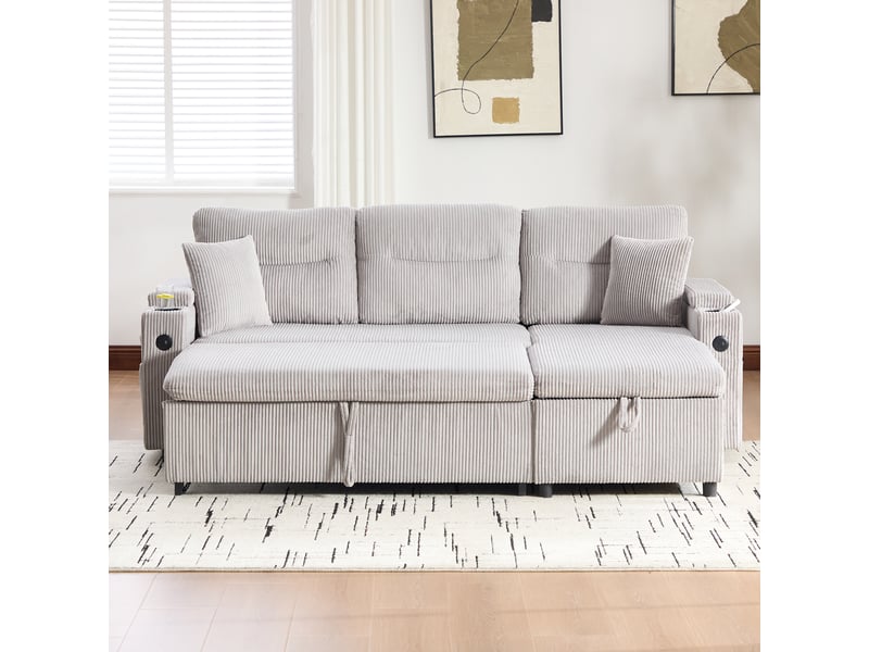 Canapé convertible 3 places avec chaise longue, usb-c et porte-gobelets, en velours côtelé gris clair 212,5 × 136 × 86 cm - Conforama C