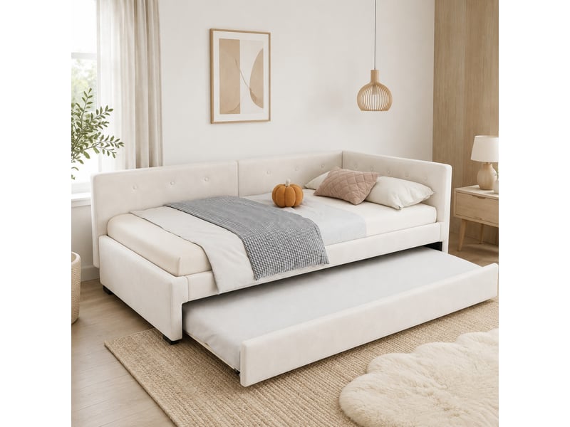  Lit gigogne 90x200 cm avec couchage coulissant en velours beige  - Conforama C