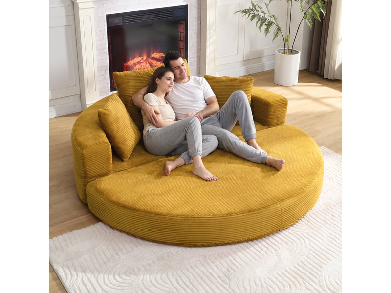 Canapé-lit convertible 2 en 1 en velours côtelé, modèle ovale 173 x 176 cm, canapé pliable avec coussins pour salon ou chambre  - Conforama C