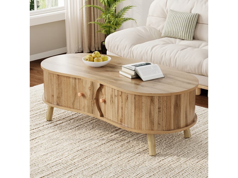 Table basse forme haricot 108x50x37 cm - 2 portes coulissantes - rangement intrieur - pieds bois massif - structure mdf - bois naturel Bubbly Shop - Conforama E