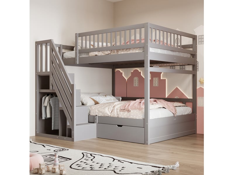  Lit superposé enfant 140x200 cm – gris – escalier de rangement, tiroir inférieur et sommier, sans matelas  - Conforama B