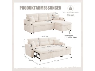 Canapé droit fixe 3 places Velours côtelé beige avec coffre de rangement