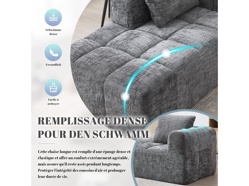  Méridienne fixe en chenille grise 158 x 90 x 60 cm avec coussin et poches latérales, salon chambre 158x90x60cm - Conforama R