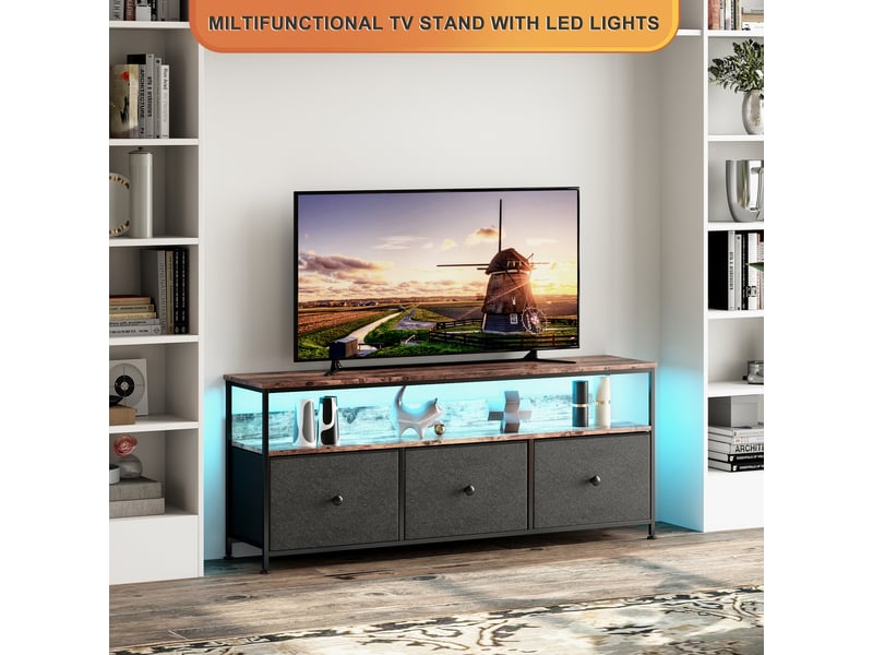 Meuble tv - 137 x 29.8 x 57 cm-bois et noir - avec tiroirs en tissu et éclairage led - meuble de salon design  - Conforama E