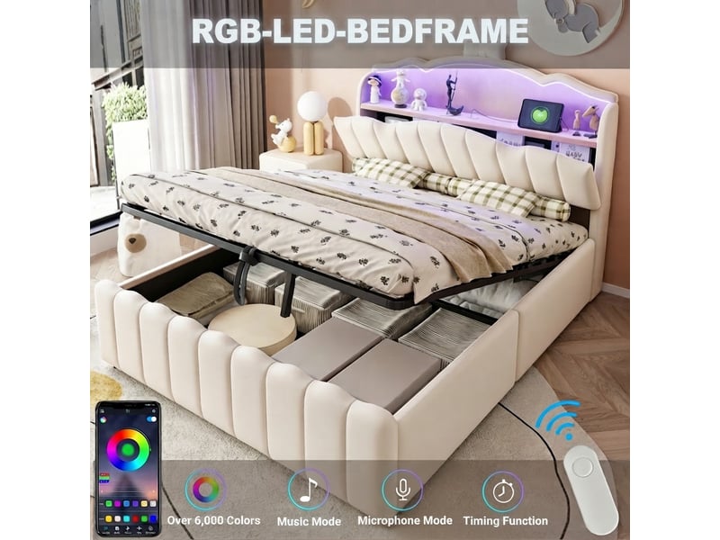  Lit jeune, 140x200 cm, éclairage led, ports de charge, en métal, beige cao-LDU00587AAA-conf-NEW - Conforama R