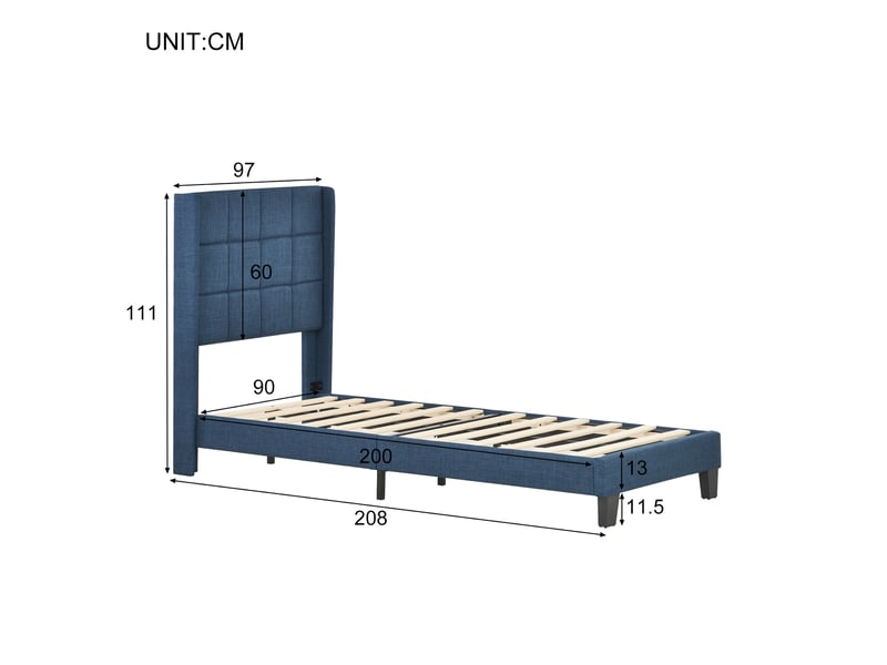  Lit 90x200 cm tissu bleu, tête rembourrée, avec sommier à lattes et matelas ressorts inclus – confort moyen  - Conforama C
