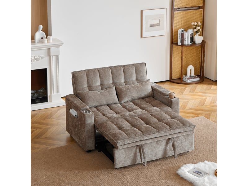  Canapé convertible modenvie 3-en-1 142 x 89 x 89 cm en chenille marron avec rangements et porte-gobelets  - Conforama B