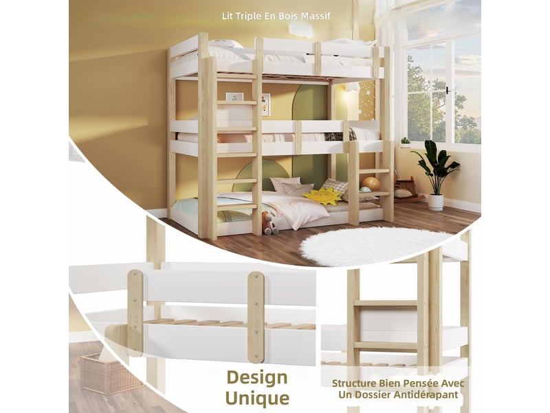  Lit superposé 3 places 90x190 cm blanc et bois clair pin massif avec échelles et garde-corps  - Conforama E