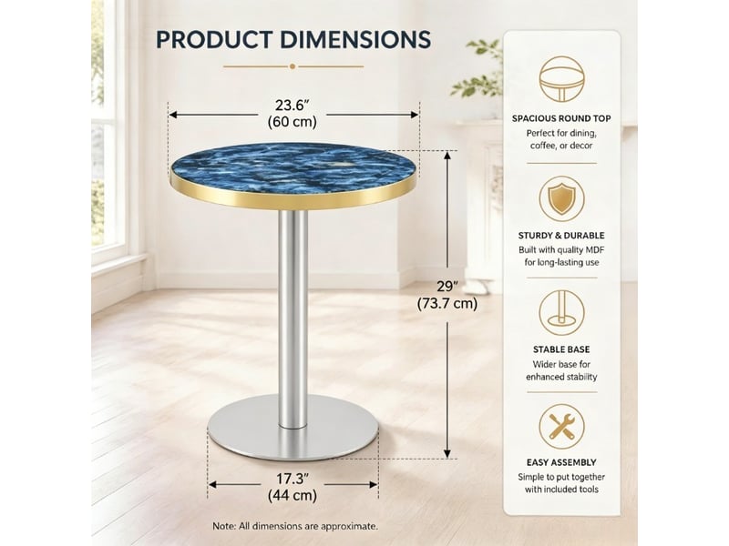  Table d'appoint ronde avec plateau en mdf effet marbre et piètement métal, bord doré, pour salon, chambre ou balcon, bleue  - Conforama D