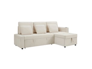Canapé d'angle droit convertible <strong>HAVRYA</strong> <strong></strong> 3 places Tissu beige avec coffre de rangement