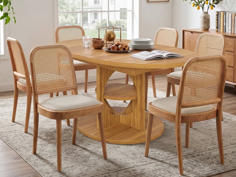 Ensemble table à manger extensible 110–150 cm + 6 chaises en bois massif et rotin – style moderne, pour salle à manger, salon ou café - Conforama B