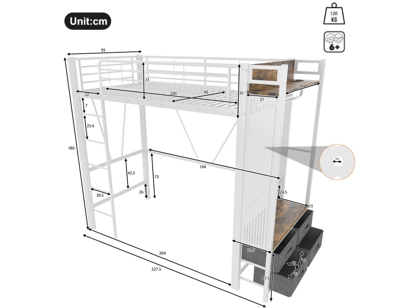  Lit mezzanine 90x200cm coloris blanc led métal lit enfant blanc - Conforama C