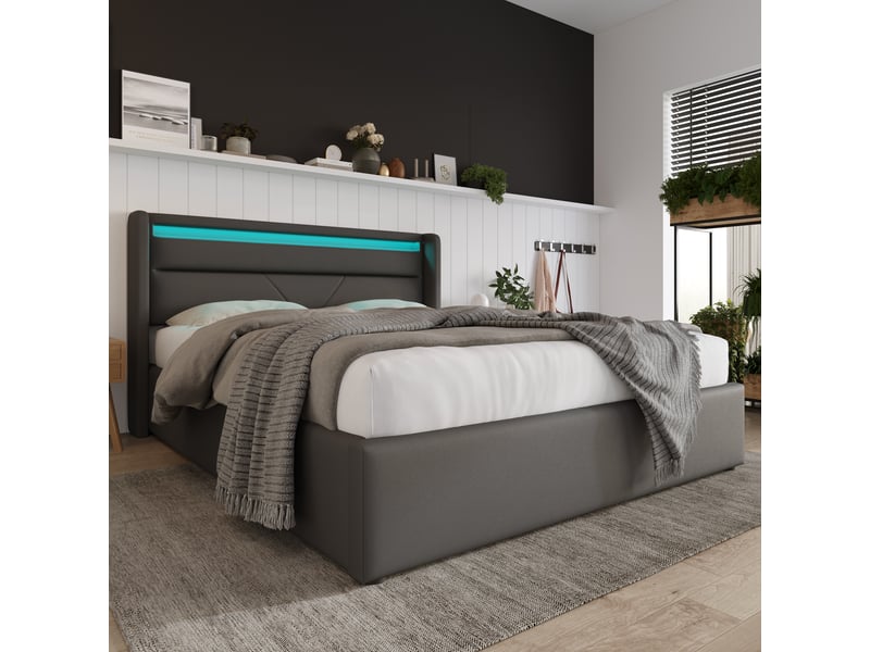  Lit coffre 140x200 cm - lit coffre capitonné double avec tête de lit led et coffre hydraulique, pu gris, matelas inclus  - Conforama E