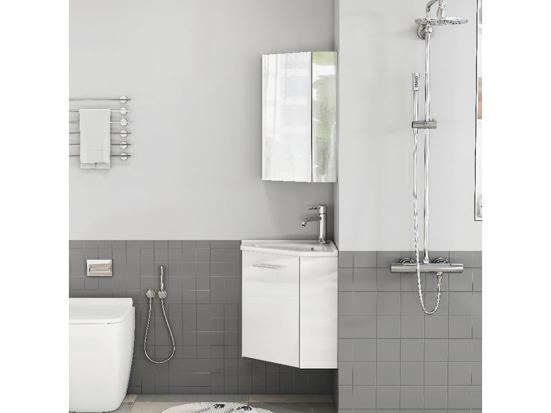  Meuble salle de bain d'angle blanc brillant avec lavabo en céramique et miroir, 41.5x41.5x50cm  - Conforama C
