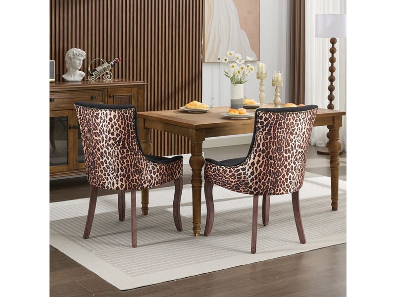  Lot de 2 chaises de salle à manger en tissu imprimé léopard pieds en bois massif clous bronze  - Conforama C