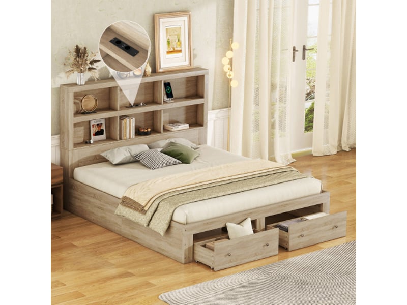  Lit 160x200 cm chêne avec tête de lit rangement et 2 tiroirs  - Conforama D