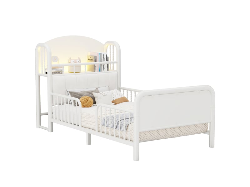  Lit simple 90x200 cm - lit enfant avec barrière de sécurité - tête de lit rembourrée avec rangement et led - blanc  - Conforama A