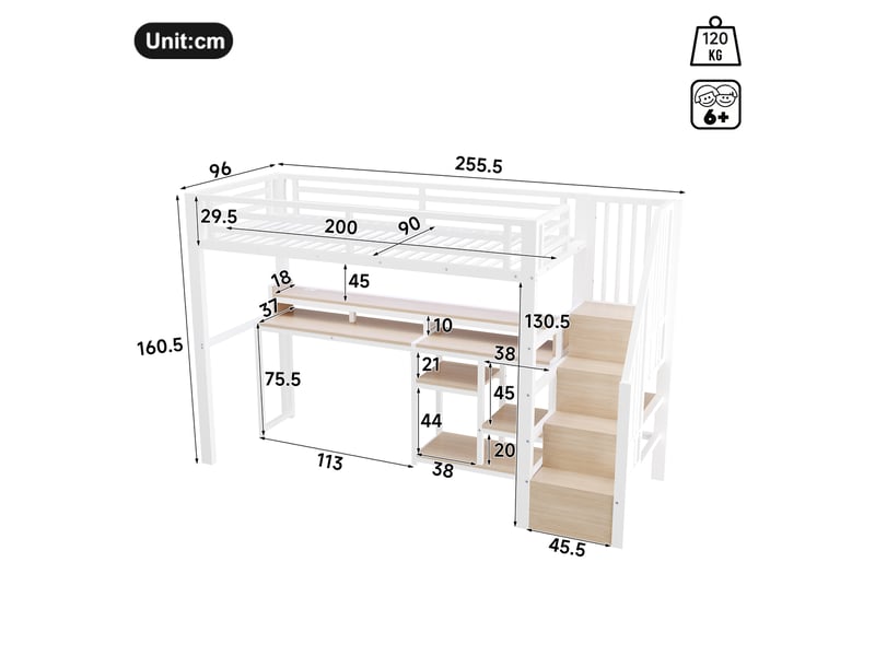  Lit mezzanine simple 90×200 cm avec rangements, usb, type-c et led - okmyhome- blanc, sans matelas  - Conforama D
